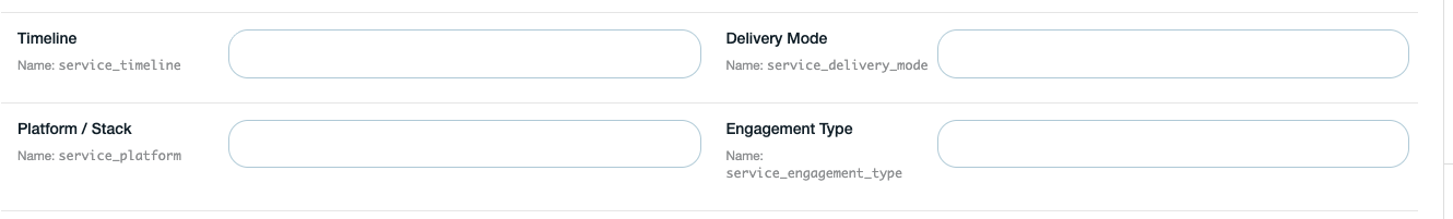 Timeline, stack, delivery, and engagement fields in the Services Tool