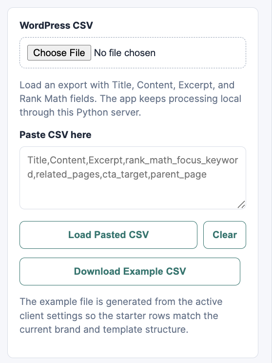 WordPress CSV import area in SEO Content Lab