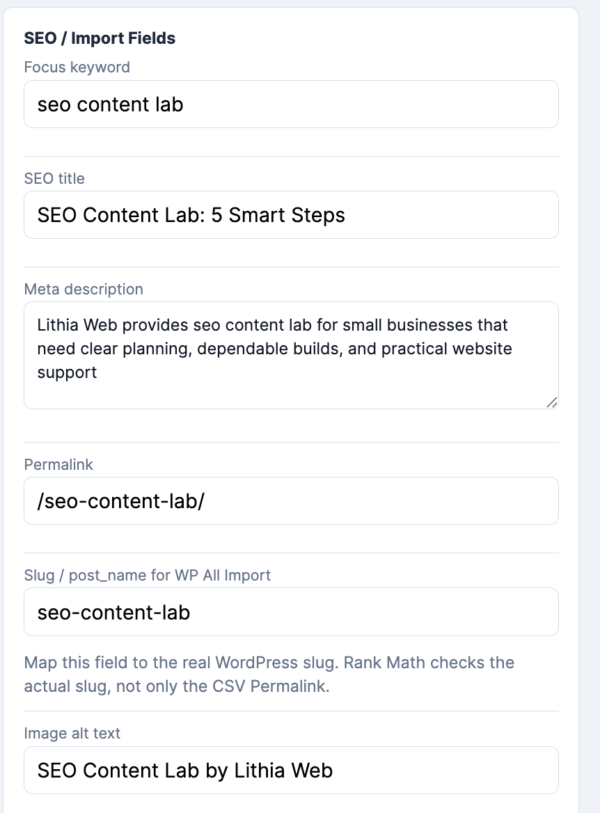 SEO Content Lab fields for focus keyword, SEO title, meta description, permalink, slug, and image alt text